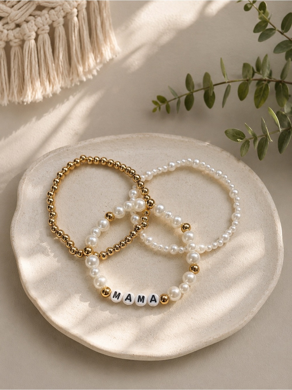 MAMA Bracelet Set – Pearl & Gold Beaded Stack | Personalize | Handmade